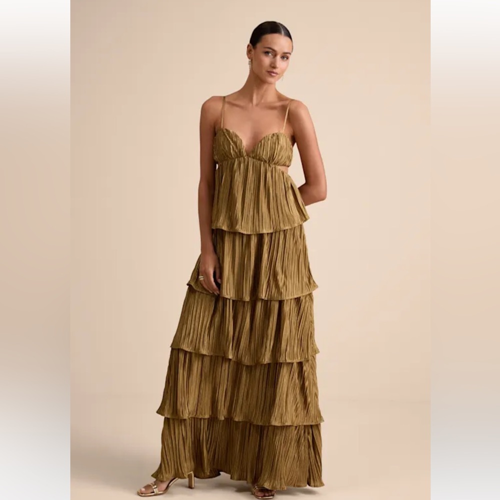 Lulus Kanya Gold Satin Plisse Tiered Maxi Wedding Guest Dress